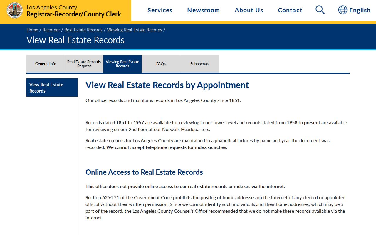 Rancho Palos Verdes residents directory Los Angeles County recorder access