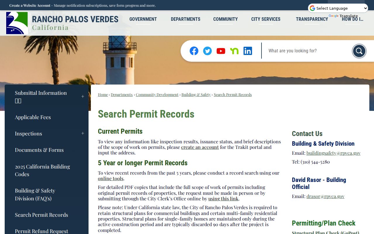 Rancho Palos Verdes residents directory city permit records search