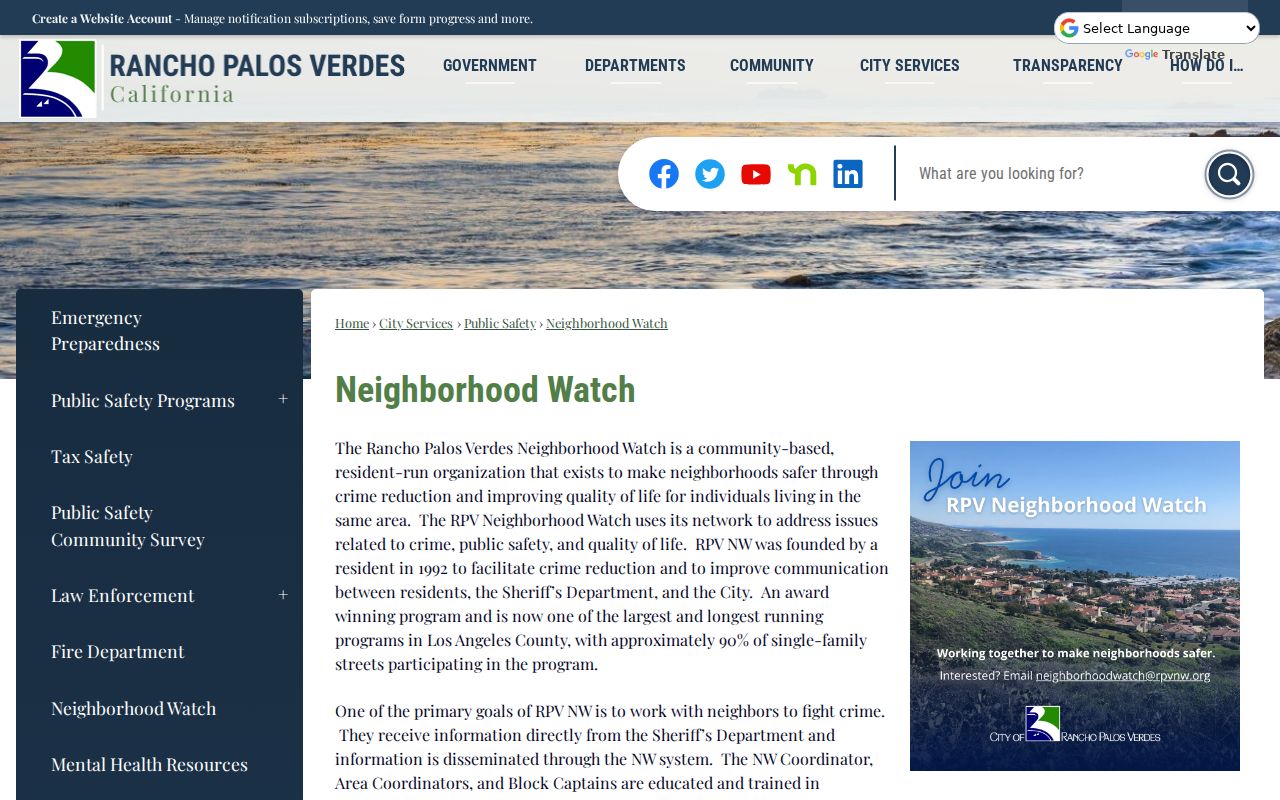 Rancho Palos Verdes neighbors Neighborhood Watch block captain network