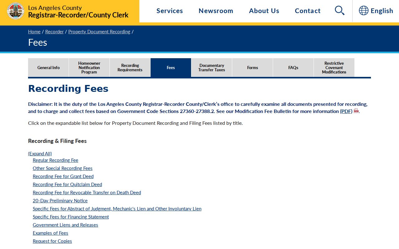 Rancho Palos Verdes street directory source for Los Angeles County recorder copy and recording fees